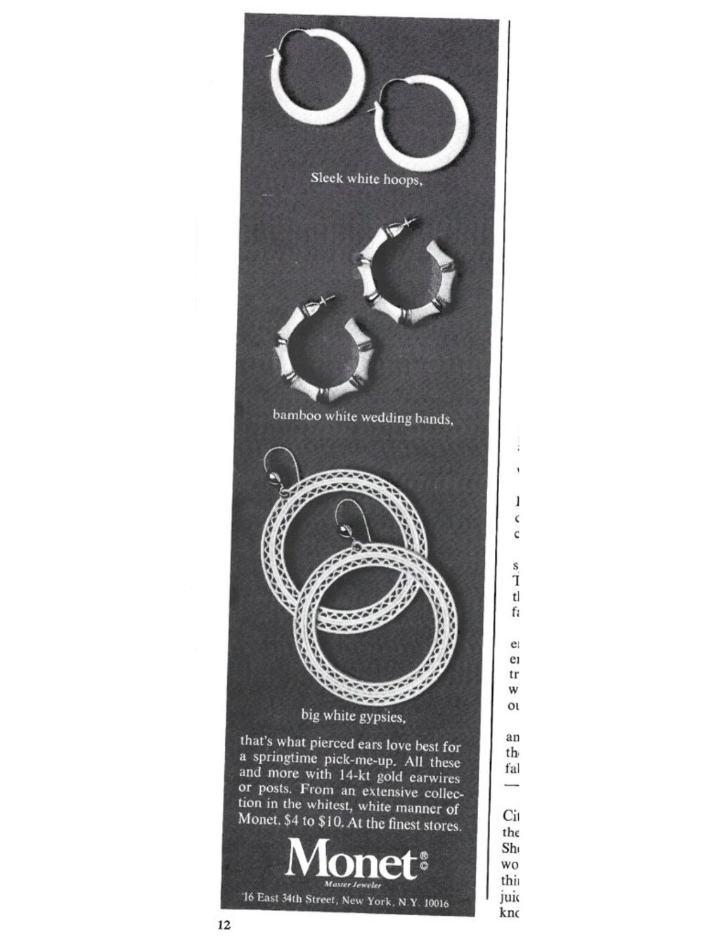 Print Ad Sleek Hoop Earrings Monet Jewelry Classic Design Vintage 1973 ADVERT